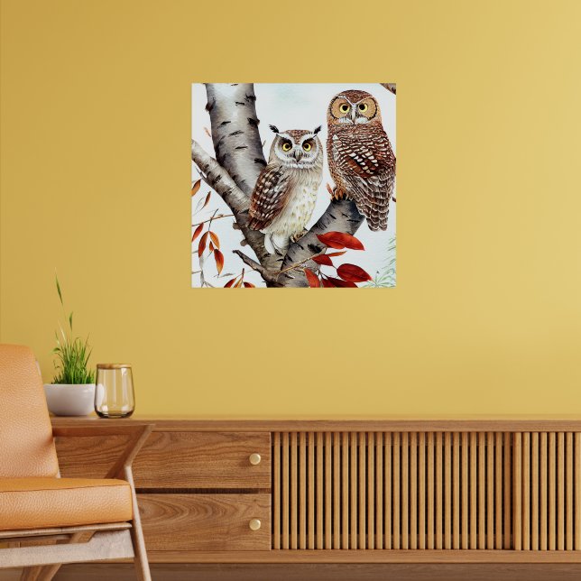 Póster Dos lechuzas sentadas en un árbol de birco blanco  (Salón 2)