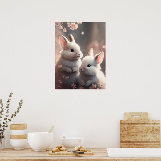 Póster Dos lindos conejos con un Poster sakura (Cocina)