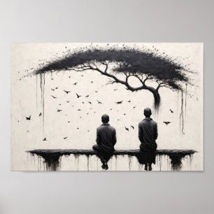 Póster Dos monjes contemplando la belleza del árbol y los