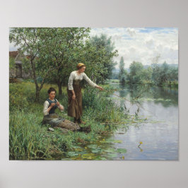 Póster Dos mujeres pescando en la hierba junto al río