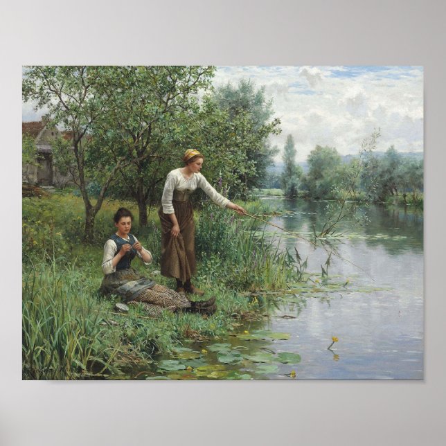 Póster Dos mujeres pescando en la hierba junto al río (Frente)