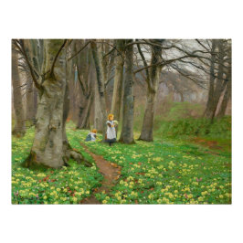Póster Dos niñas recogiendo flores en un bosque primavera