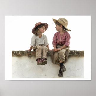 Póster Dos niños sentados en una pared