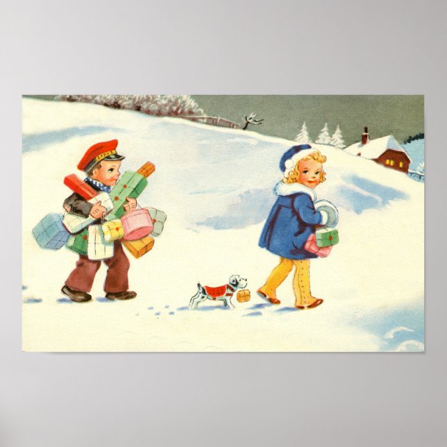 Póster Dos niños y un perro en la nieve (Frente)