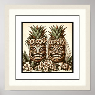 Póster Dos novios gay piña tiki cabeza boda retro