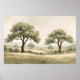 Póster Dos olivos paisaje rural ondulado acuarela