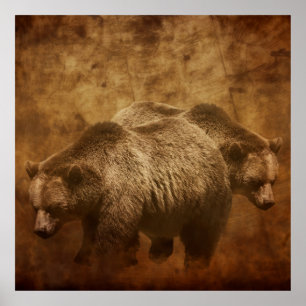 Póster Dos osos grizzly en un entorno rústico