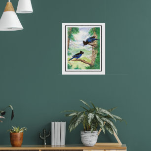 Póster Dos pájaros arrendajos estelares de acuarela árbol