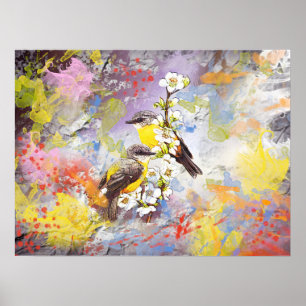 Póster Dos pájaros en la rama de la floración del cerezo