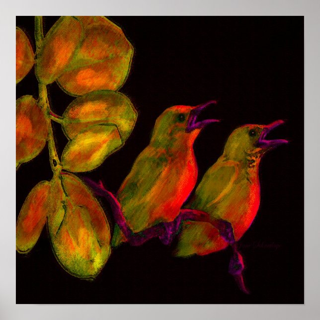 Póster dos pájaros pequeños naranja y amarillo (Frente)