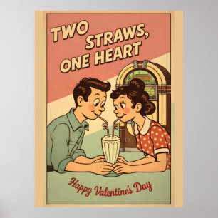 Póster Dos Pajitas Un Corazón Retro Val de Batido de Tien