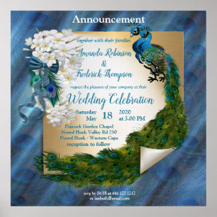 Póster Dos pavos reales sobre seda verde esmeralda