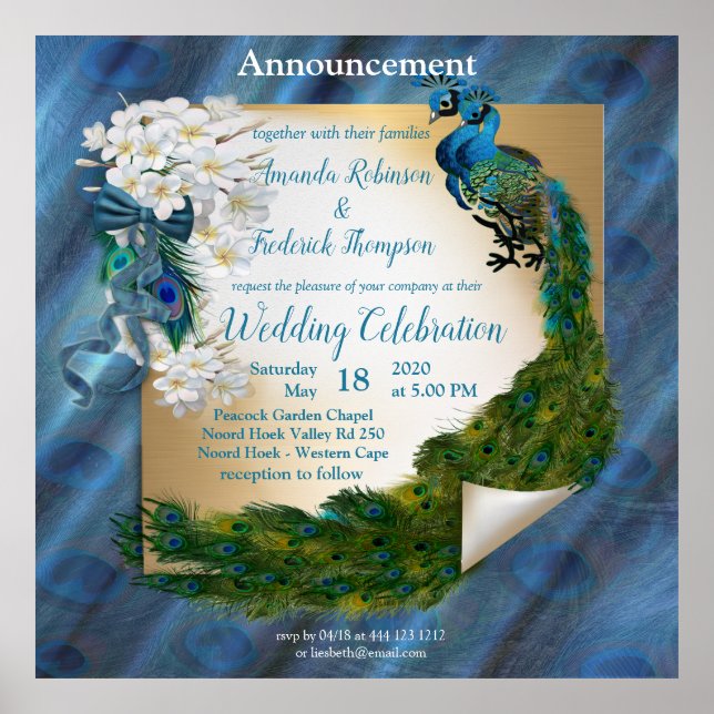 Póster Dos pavos reales sobre seda verde esmeralda (Frente)