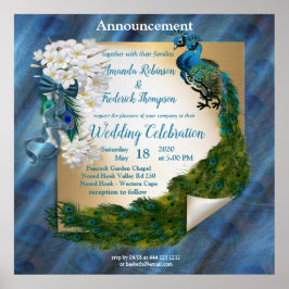 Póster Dos pavos reales sobre seda verde esmeralda