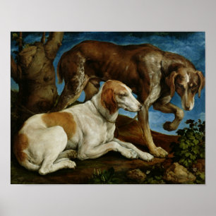 Póster Dos perros de caza atados a un tocón de árbol,