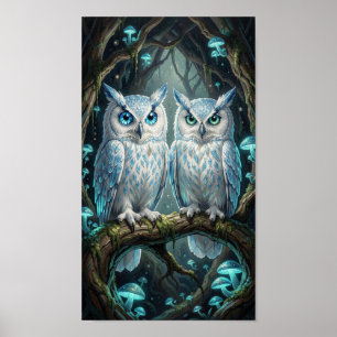 Póster Dos sabios búhos blancos azules antiguos