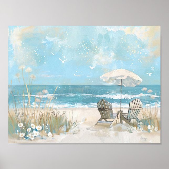 Póster dos sillas de madera y una sombrilla en la playa (Frente)