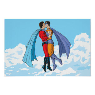 Póster Dos superhéroes de SlipperyJoe besando al carro vo