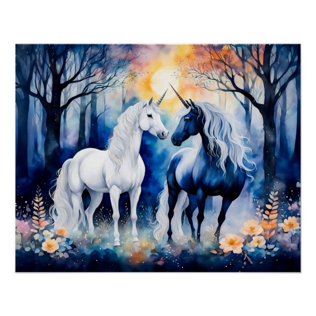 Póster Dos Unicornios unidos bajo el cielo estrellado (Anverso)