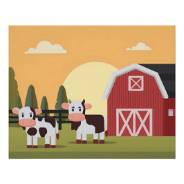Póster Dos vacas y un granero rojo al amanecer