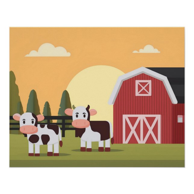 Póster Dos vacas y un granero rojo al amanecer (Anverso)