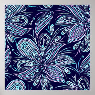 Póster Dotted blue pattern with paisley and beads. Orname