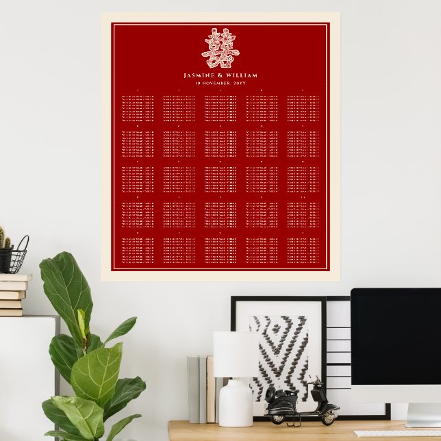 Póster Double Happiness Red Chinese Wedding Seating Chart (Oficina en casa)