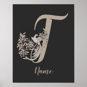 Póster Dove Elegante Monograma Inicial T Personalizado