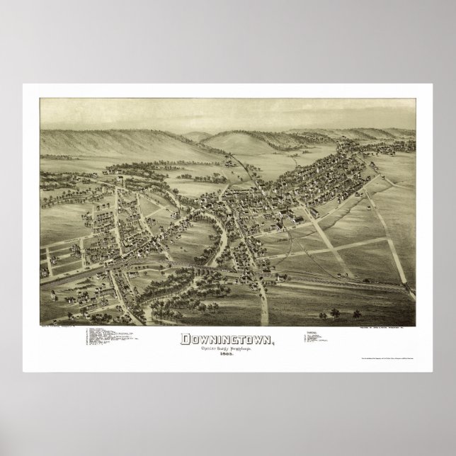 Póster Downingtown, Mapa Panorámico PA - 1893 (Frente)