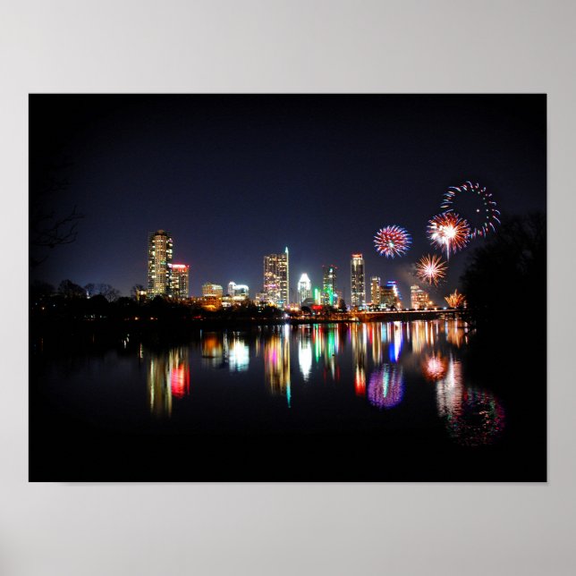 Póster Downtown Austin Texas Night Skyline Fireworks (Frente)
