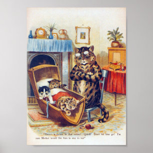Póster Dozing Cat and Baby Cat, Louis Wain