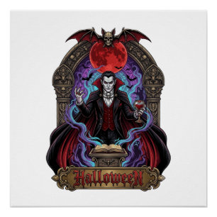 Póster Drácula de Halloween Luna Roja Murciélagos Calaver