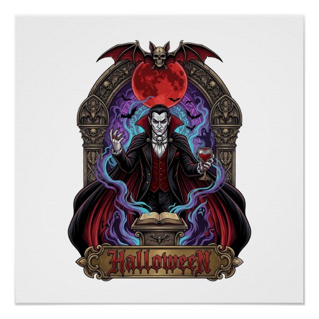 Póster Drácula de Halloween Luna Roja Murciélagos Calaver (Anverso)