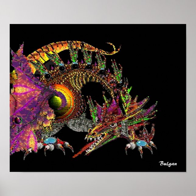 PÓSTER DRAGO / DRAGÓN DE ORO FANTASÍA EN PURPÓN Y NEGRO (Frente)