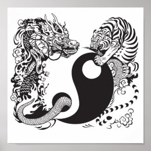Póster dragon and tiger yin yang symbol