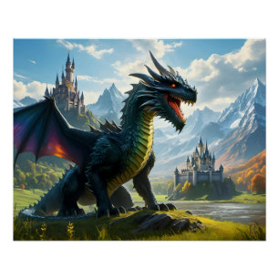 Póster Dragón arcoiris en tierra mística