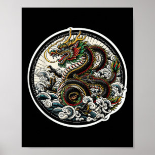 Póster Dragón asiático Verde Afortunado Tatuaje diseño co