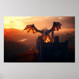Póster Dragón atacando un castillo