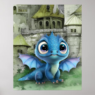Póster Dragón Azul Bebé Y Castillo Medieval De Fantasía