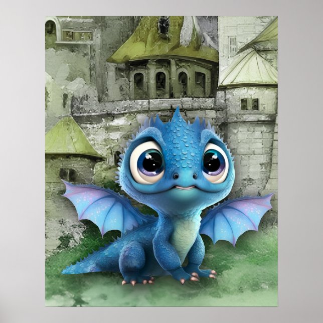 Póster Dragón Azul Bebé Y Castillo Medieval De Fantasía (Frente)