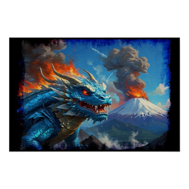Póster Dragón azul chino y volcán (Anverso)