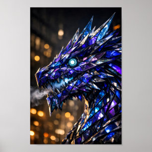 Póster Dragón Azul Cristalino con Ojo Brillante y Humo