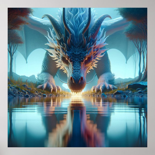Póster Dragón azul místico mira la reflexión en el agua (Frente)