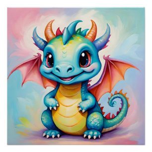 Póster Dragón azul pequeño y lindo