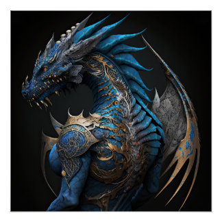 Póster Dragón azul Steampunk con hechizos metalizado arte