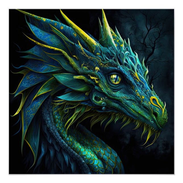 Póster Dragón azul verde con ojos amarillos arte de IA (Anverso)