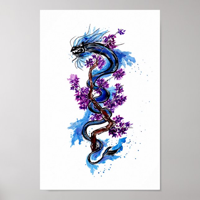 Póster Dragón azul y flores moradas (Frente)