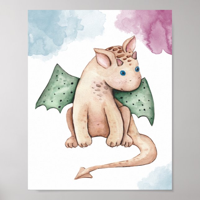 Póster Dragón bebé a la acuarela para un caprichoso cuart (Frente)