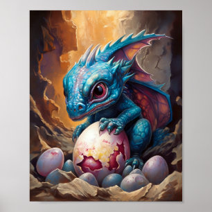 Póster Dragón Bebé Azul Con Hatchling