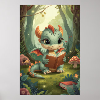 Póster Dragón bebé de acuarela verde en el bosque